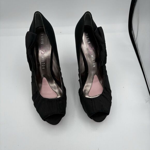 Paris Hilton High Heels Pumps Womens Size 9 Regal Black Peep Toe Bows Ruffles C2 - Picture 4 of 10
